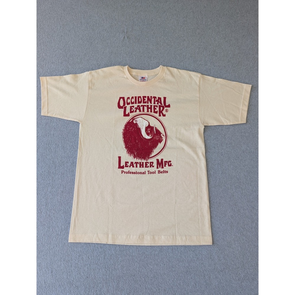 Occidental Leather Graphic T-Shirt Mens Medium Cream Bayside Made in USA Cotton
